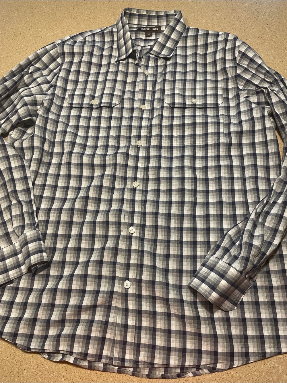 Michael Kors Men’s Navy and White Plaid Button-Down Shirt